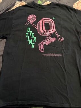 Overtime Black Tee with Pink & Neon Green Basketball Design, men’s medium